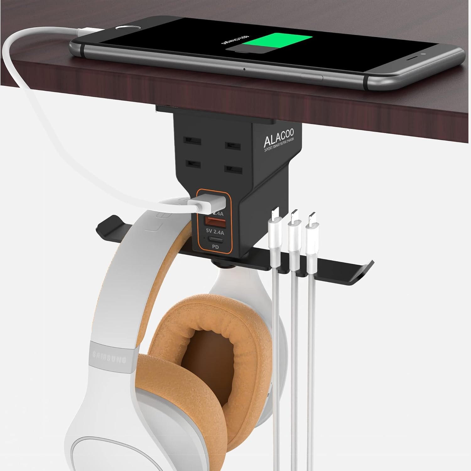 Gaming Headphone Stand with Charging Station - Aluminum Hooks Headphone Holder, Under Desk Headset Stand, 3 USB & AC Outlet, Surge Protector & Cable Organizer, Gift for Girl/Men - Image 2