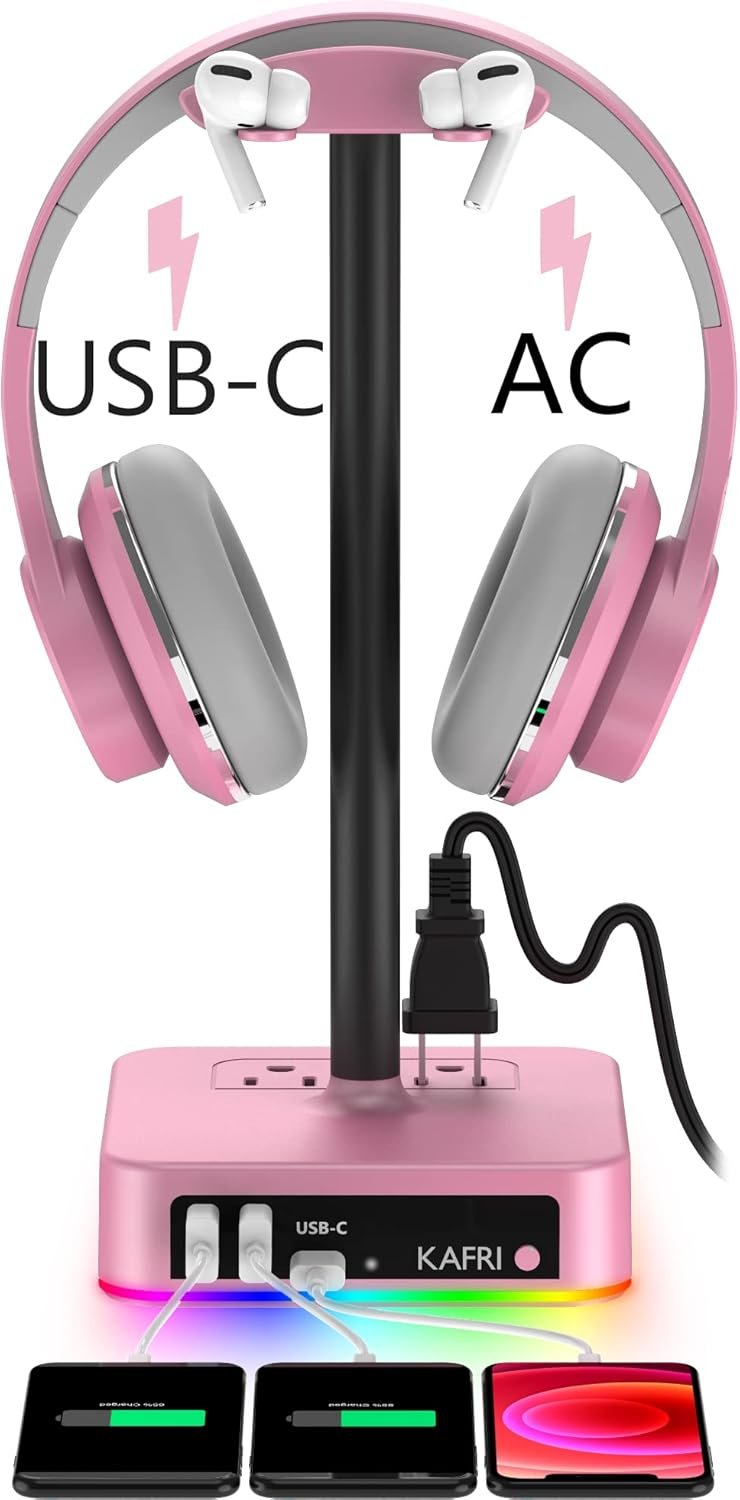 KAFRI RGB Headphone Stand with USB Charger Desk Gaming Headset Holder Hanger Rack with 3 USB Charging Port and 2 Outlet - Suitable for Gamer Desktop Table Game Earphone Accessories Girlfriend Gift - Image 2