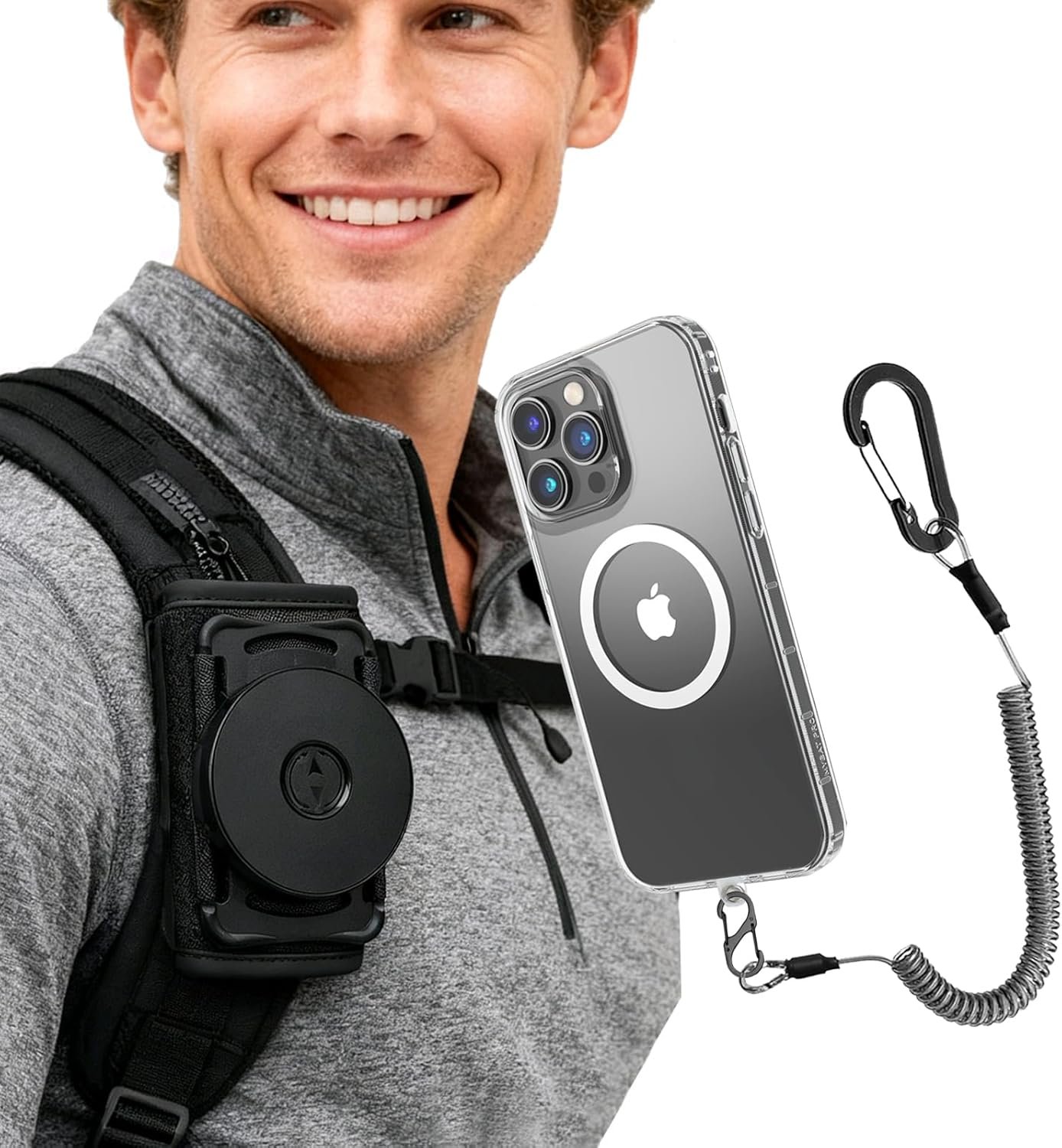 Magnetic Cellphone Holder For Backpack Strap - Phone Shoulder Strap Clamp Mount with Phone Protected Lanyard Fit Hiking/Alpinism/Climbing/Fishing,Universal Compatible Most Smartphone - Image 2