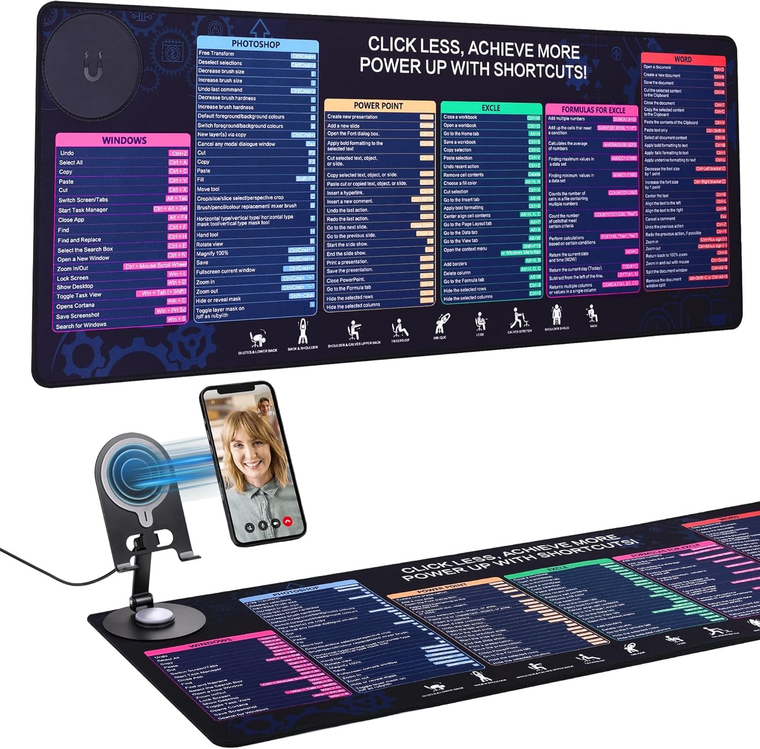 Magnetic Wireless Charging,Excel Cheat Sheet Mouse Pad with Phone Stand Extended Excel Shortcuts Desk Pad, Waterproof Ultra-Smooth Keyboard Mat, Non-Slip Base (Not Included Adapter 9V 2A) - Image 2