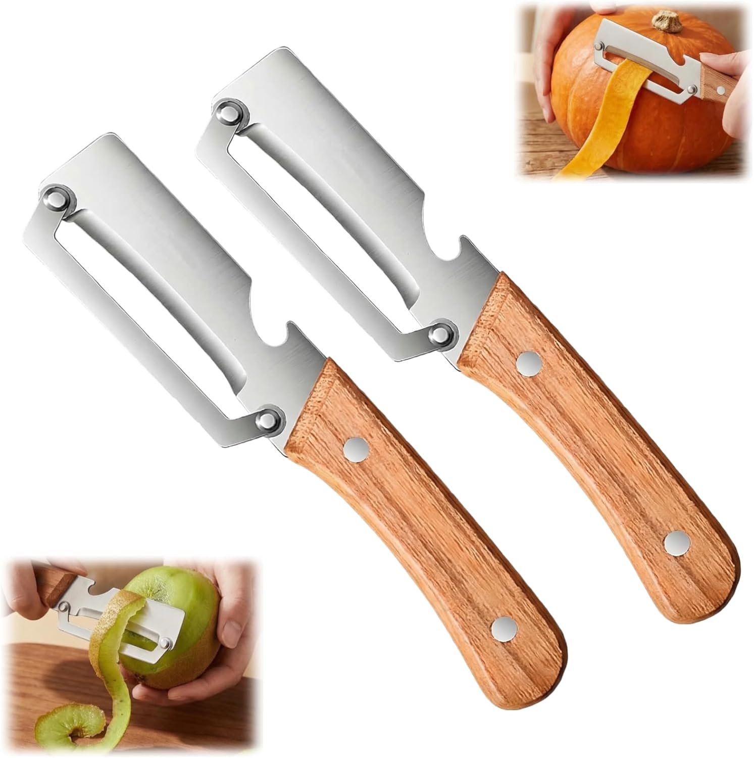 Multi-Functional Vegetable Peeler for Kitchen, New Ultra-Sharp Stainless Steel Blade with Wooden Handle and Bottle Opener, For Fruits and vegetables (2 Pcs) - Image 2