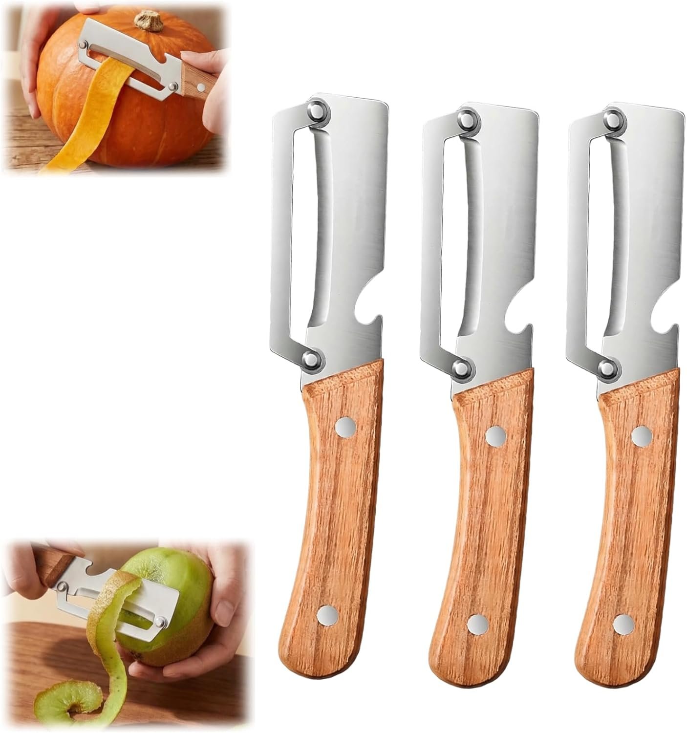 Multi-Functional Vegetable Peeler for Kitchen, New Ultra-Sharp Stainless Steel Blade with Wooden Handle and Bottle Opener, For Fruits and vegetables (3 Pcs) - Image 2
