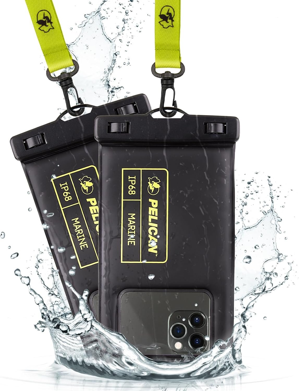 Pelican 2 Pack Marine - IP68 Waterproof Phone Pouch (Regular Size) Floating Waterproof Phone Case - Beach Cruise Ship Travel Essentials - Works w/All Phones - Detachable Lanyard - Black/Hi-Vis Yellow - Image 2