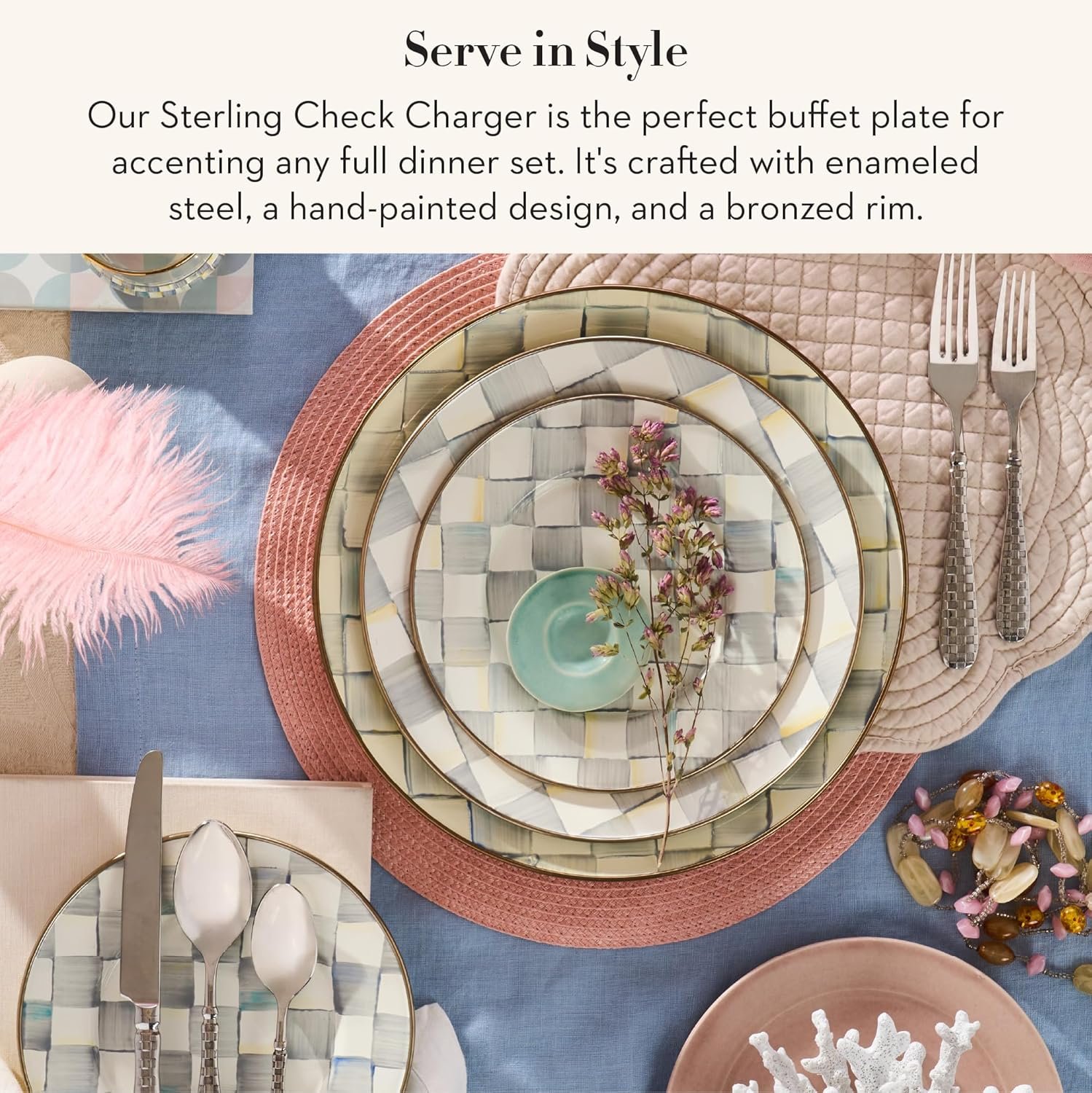 MACKENZIE-CHILDS Enamel Charger Plate, Charger Decoration for Dinner Plates or Home Decor, 12 Inches, Gray-and-White Sterling Check, Set of 1 - Image 3