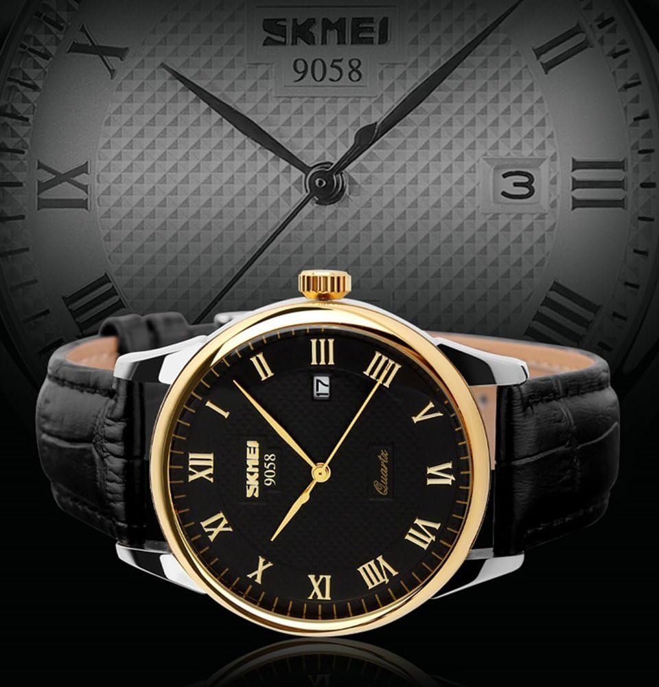 SKMEI Business Men’s Quartz Wristwatches Roman Numeral Leather Band Casual Water Resist Analog Watches - Image 4