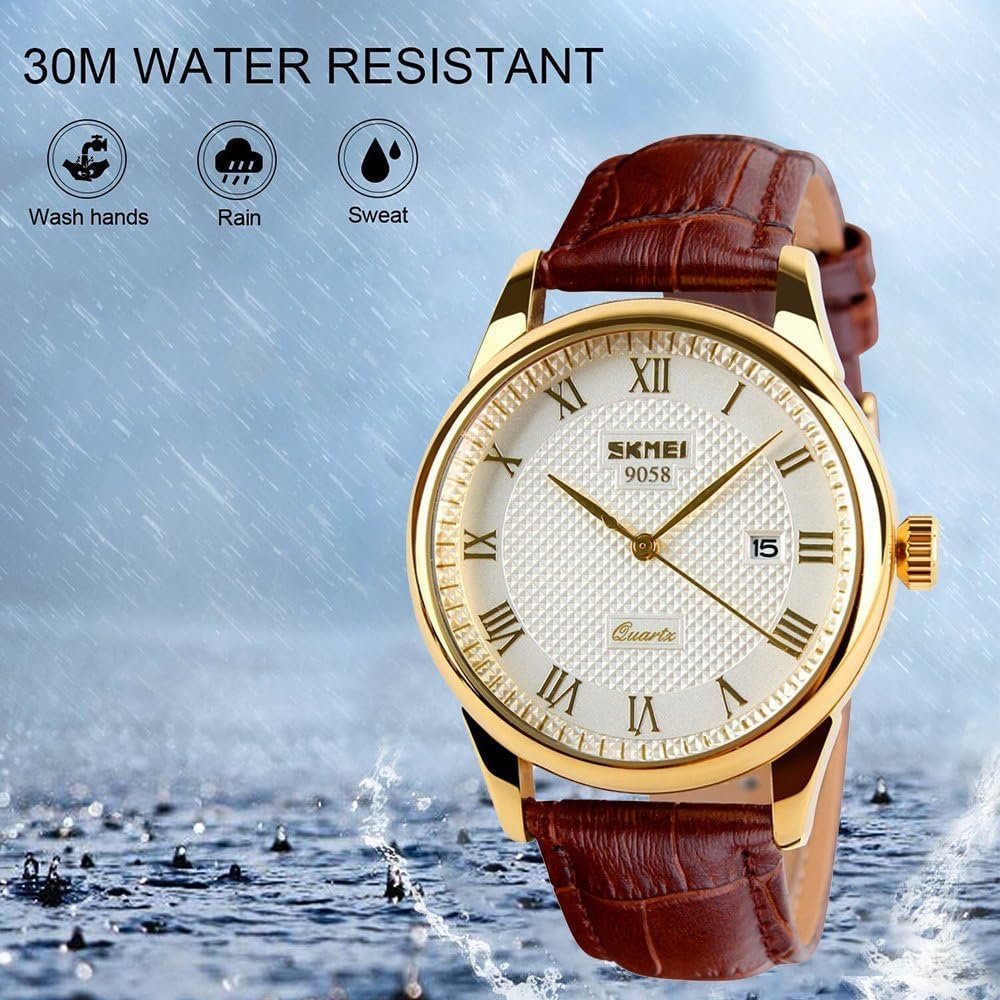 SKMEI Business Men’s Quartz Wristwatches Roman Numeral Leather Band Casual Water Resist Analog Watches - Image 7